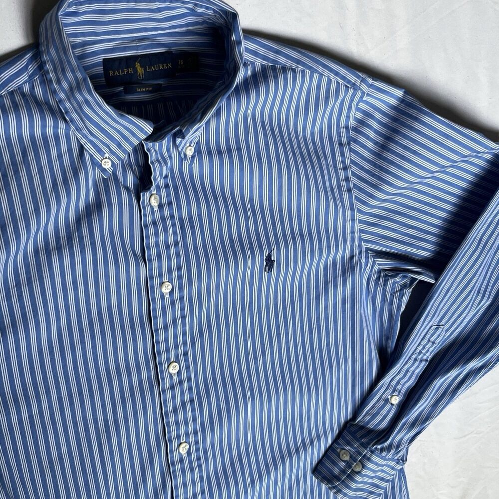 Ralph Lauren Button Down Dress Shirt Mens 16 34/35 Striped Long Sleeve Blue